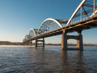 Centennial Bridge Crosses the Mississippi River from Davenport, Iowa to Moline, Illinois.
