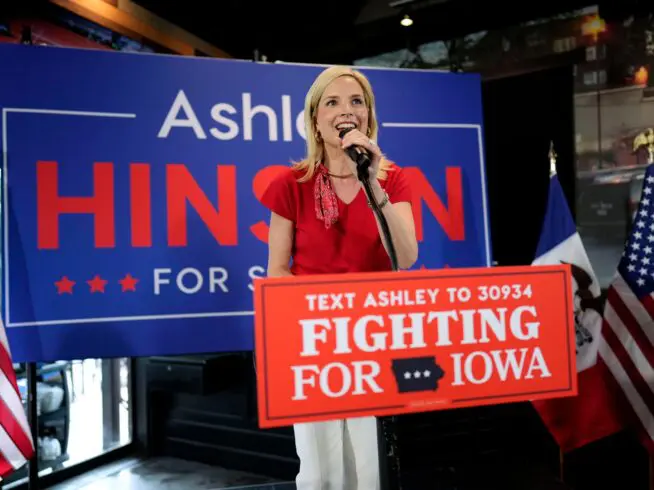 Rep. Ashley Hinson, R-Iowa, speaks during a campaign rally with local residents, Saturday, May 30, 2026, in West Des Moines, Iowa.